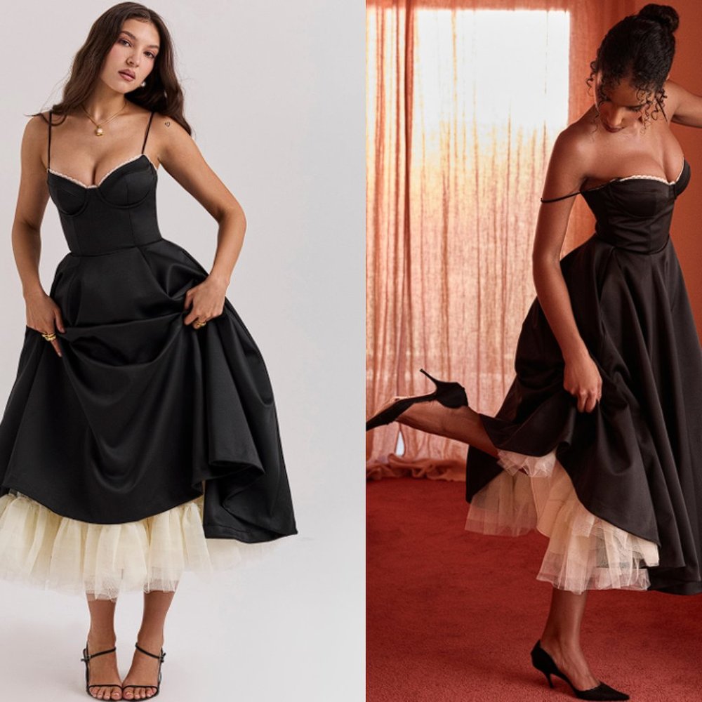 House of CB 'Mademoiselle' Black Satin Tulle Midi Dress NWOT